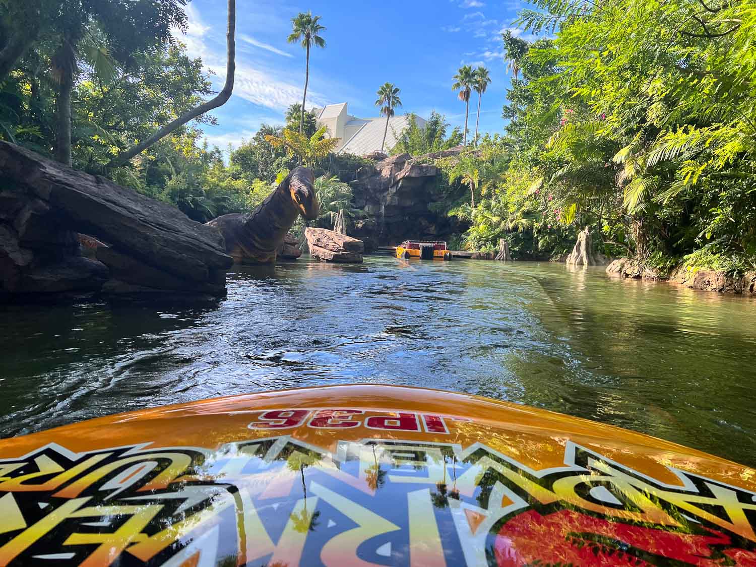 View from a raft on the Jurassic Park River Adventure ride, Islands of Adventure, Universal Orlando, Florida