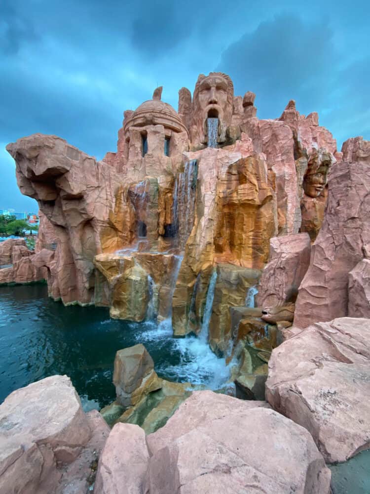 Cascading waterfalls outside Mythos restaurant, Islands of Adventure, Universal Orlando, Florida, USA