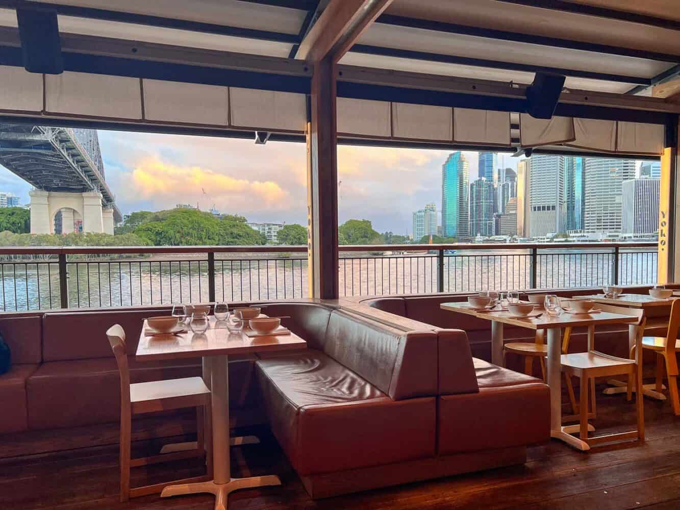 Riverside dining room at Yoko Dining at sunset, Brisbane, Australia