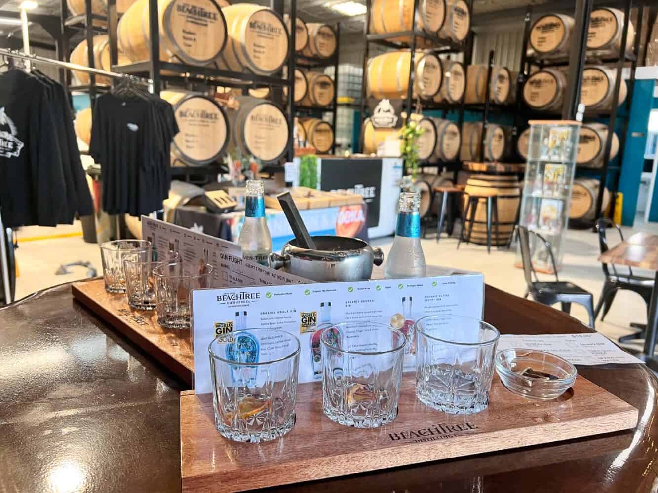 Gin tasting selection at Beachtree Distillery, Caloundra, Queensland, Australia