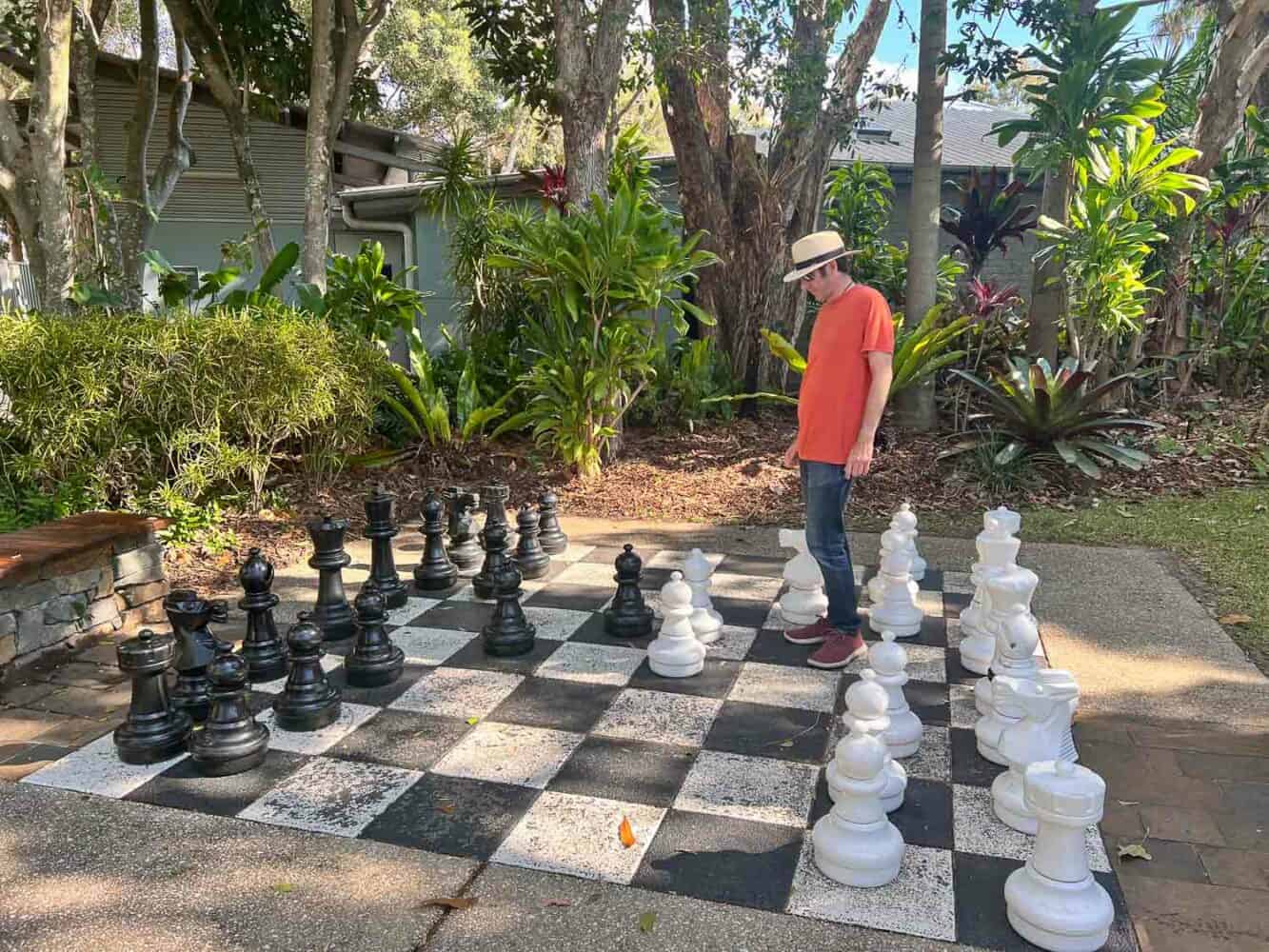 Simon playing giant chess in Felicity Park, Caloundra, Queensland, Australia