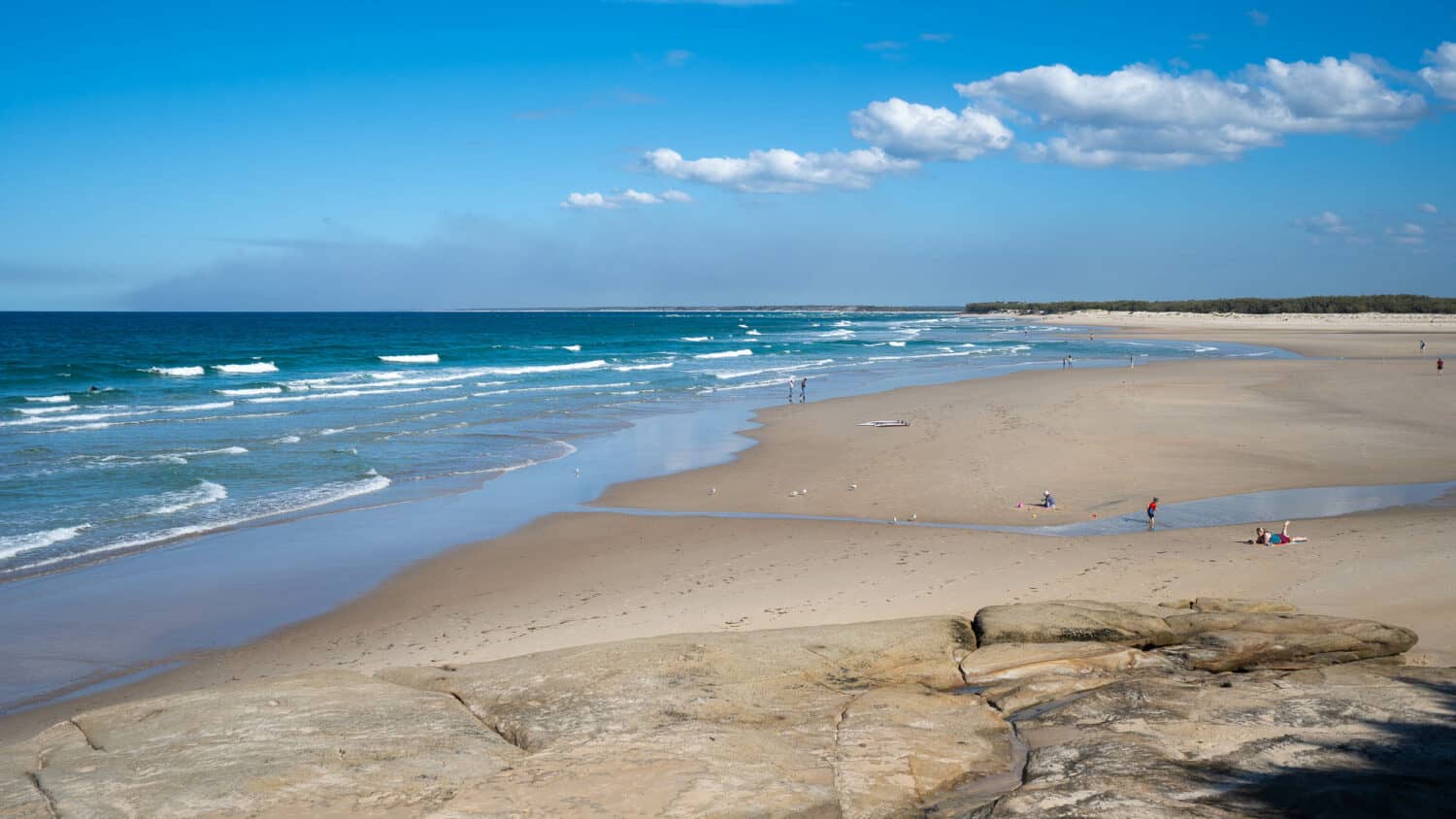 The wide sands and lagoon at Bulcock Beach, one of the best things to do in Caloundra Queensland.