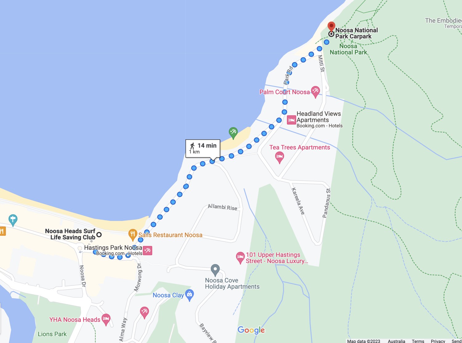 Screenshot of walk from Hastings Street to Noosa National Par car park, Queensland, Australia