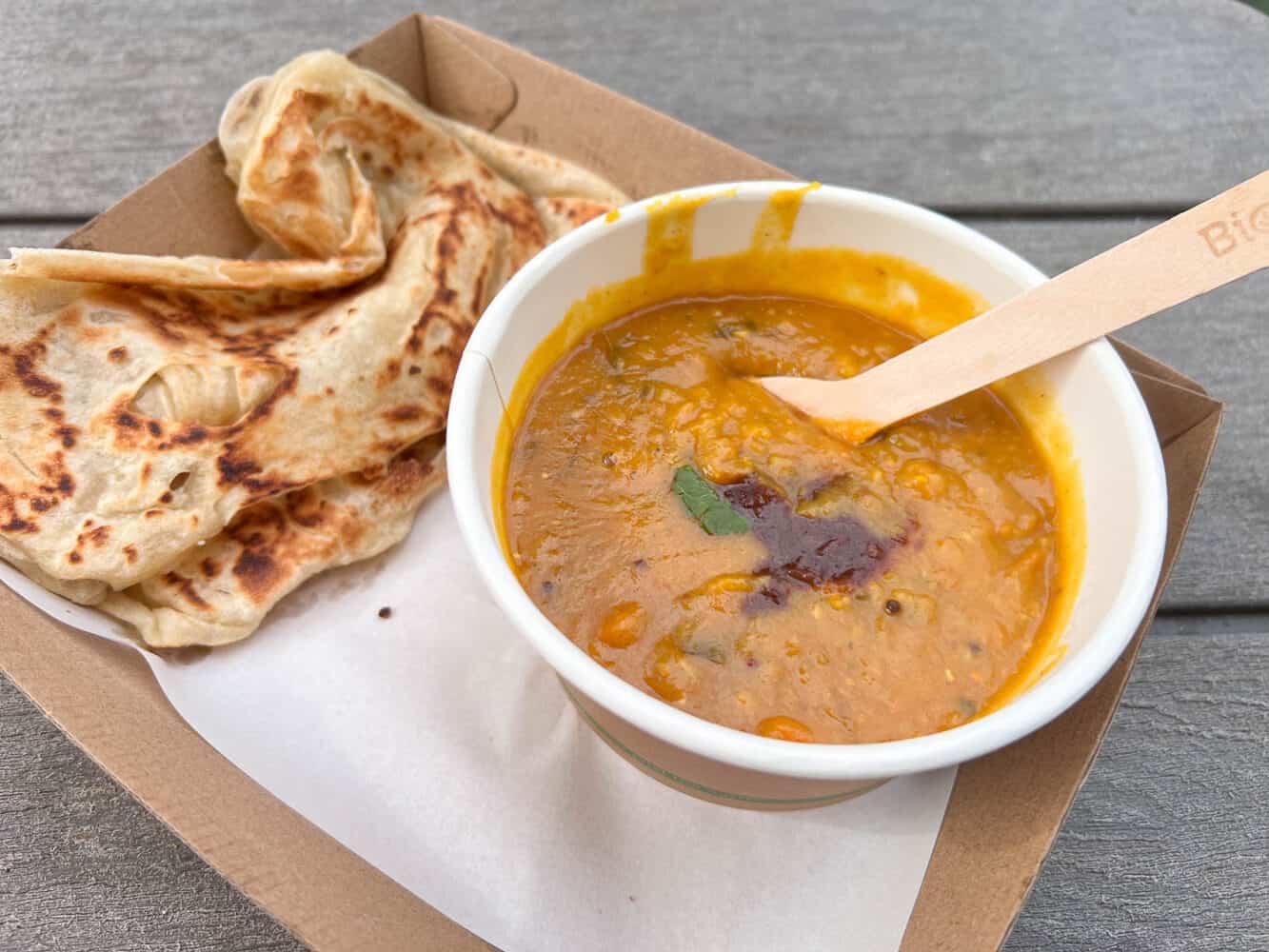 Roti and dahl from Dragon Roti stall, Noosa Farmers Market, Noosa, Queensland, Australia