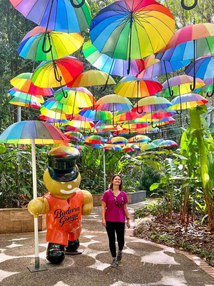 Large Gingerbread man and colourful umbrellas greeting Erin to the Ginger Factory, Sunshine Coast Hinterland, Queensland, Australia