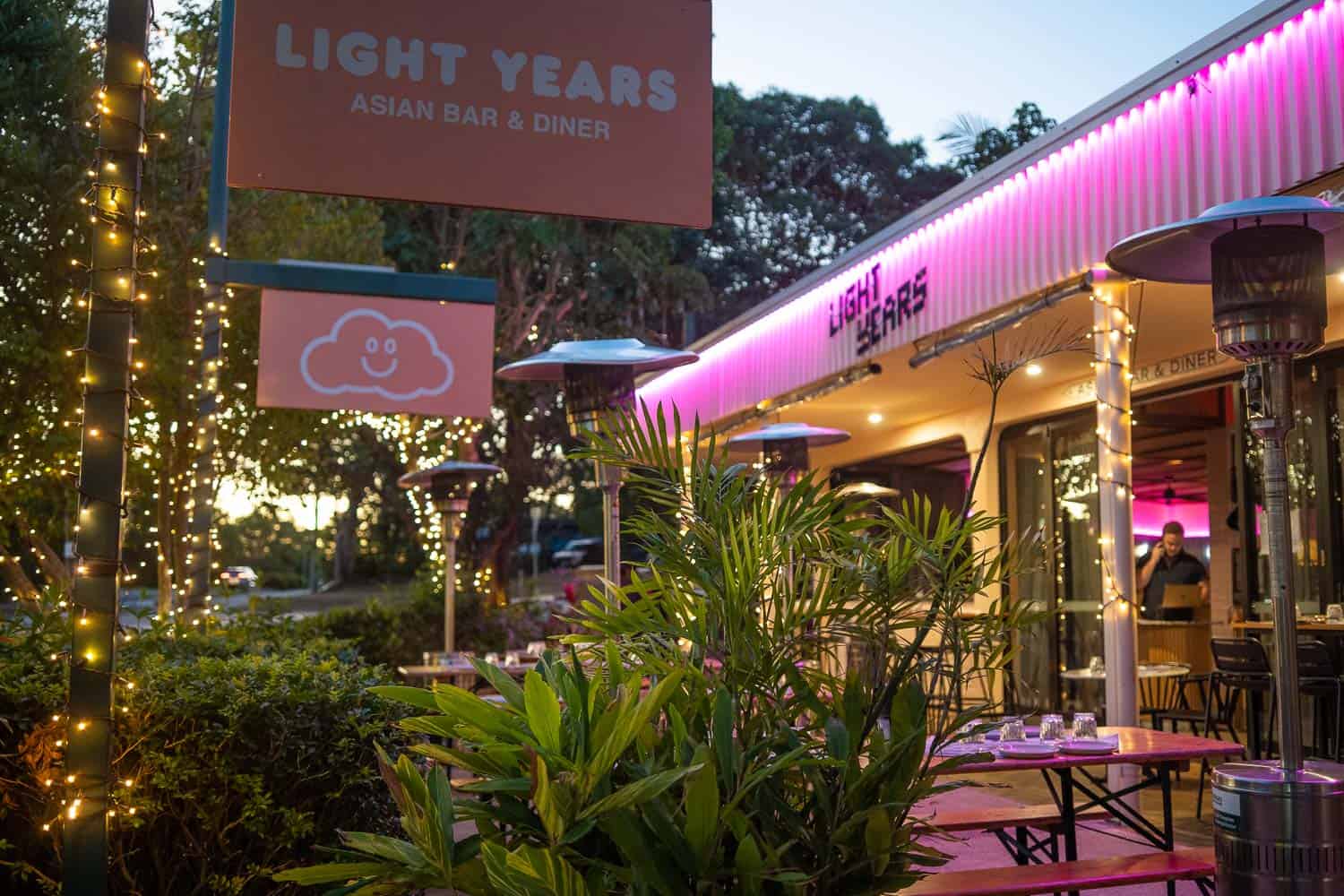 Neon pink exterior of Light Years, Noosa, Queensland, Australia