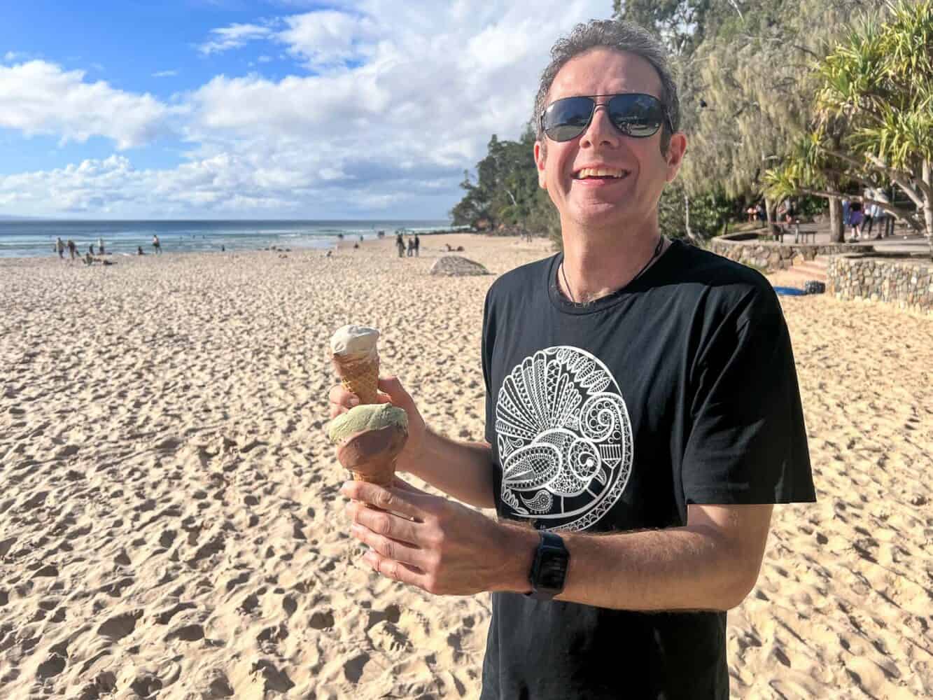 Simon with gelatos from Massimo’s Gelateria, Noosa, Queensland, Australia