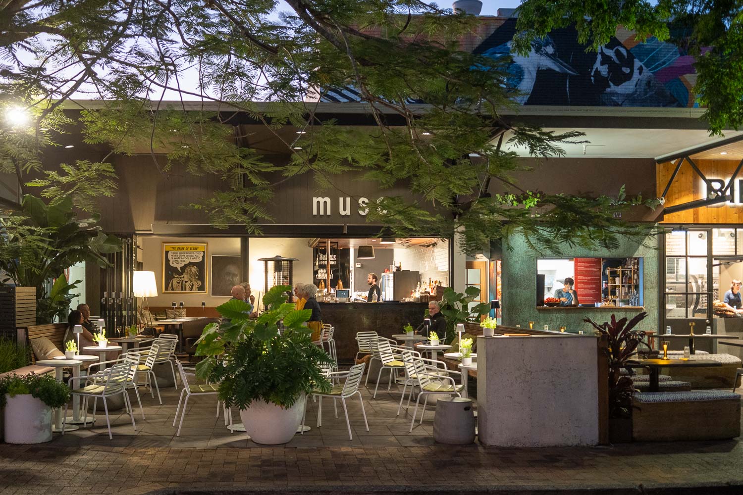 Outdoor seating outside Muse bar, Noosa, Queensland, Australia