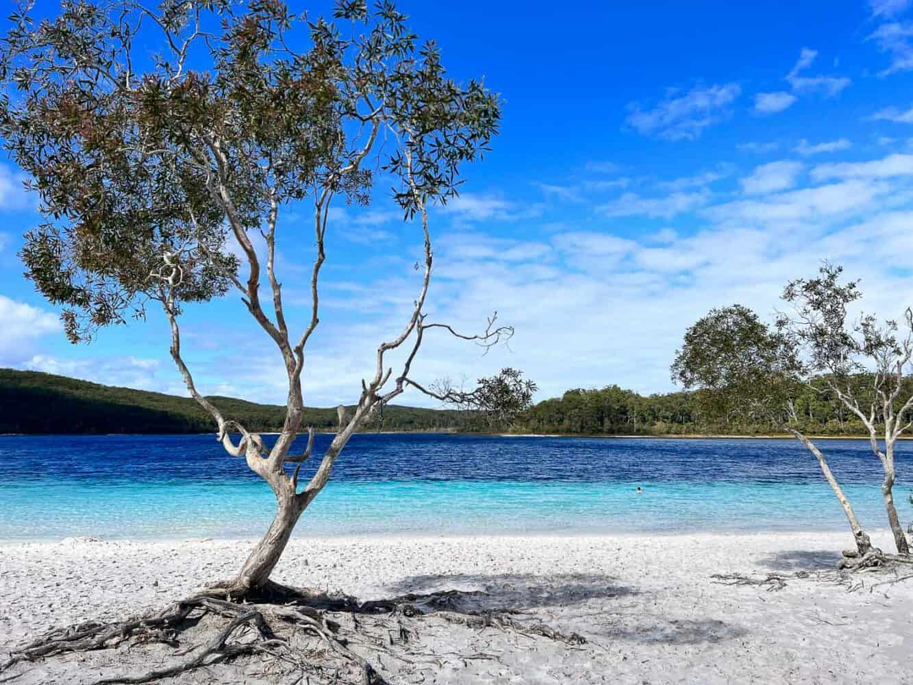 White sand and turquoise waters at Lake Boorangoora, K'gari, Queensland, Australia