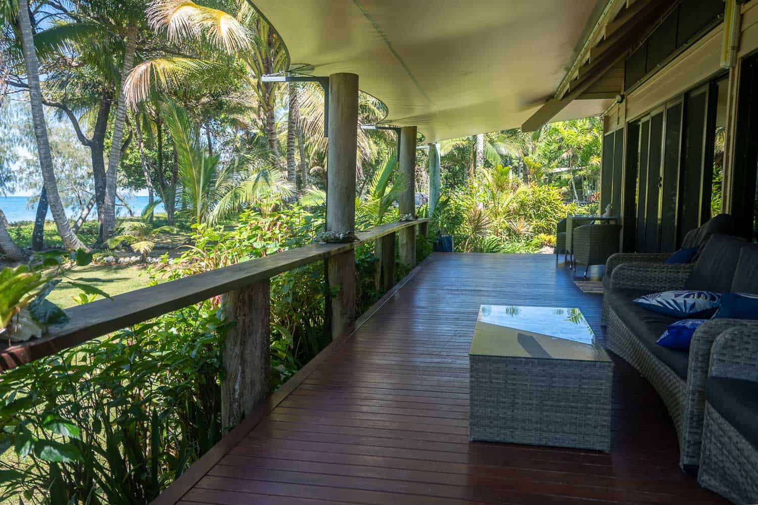 Porch of Airbnb beachfront house at Wongaling Beach, Mission Beach, North Queensland, Australia 