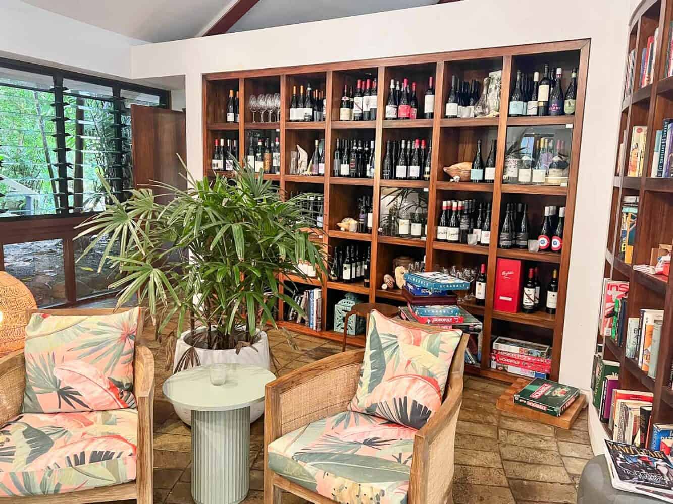 Lounge with wine, books and games at Bedarra Island Resort, Queensland, Australia