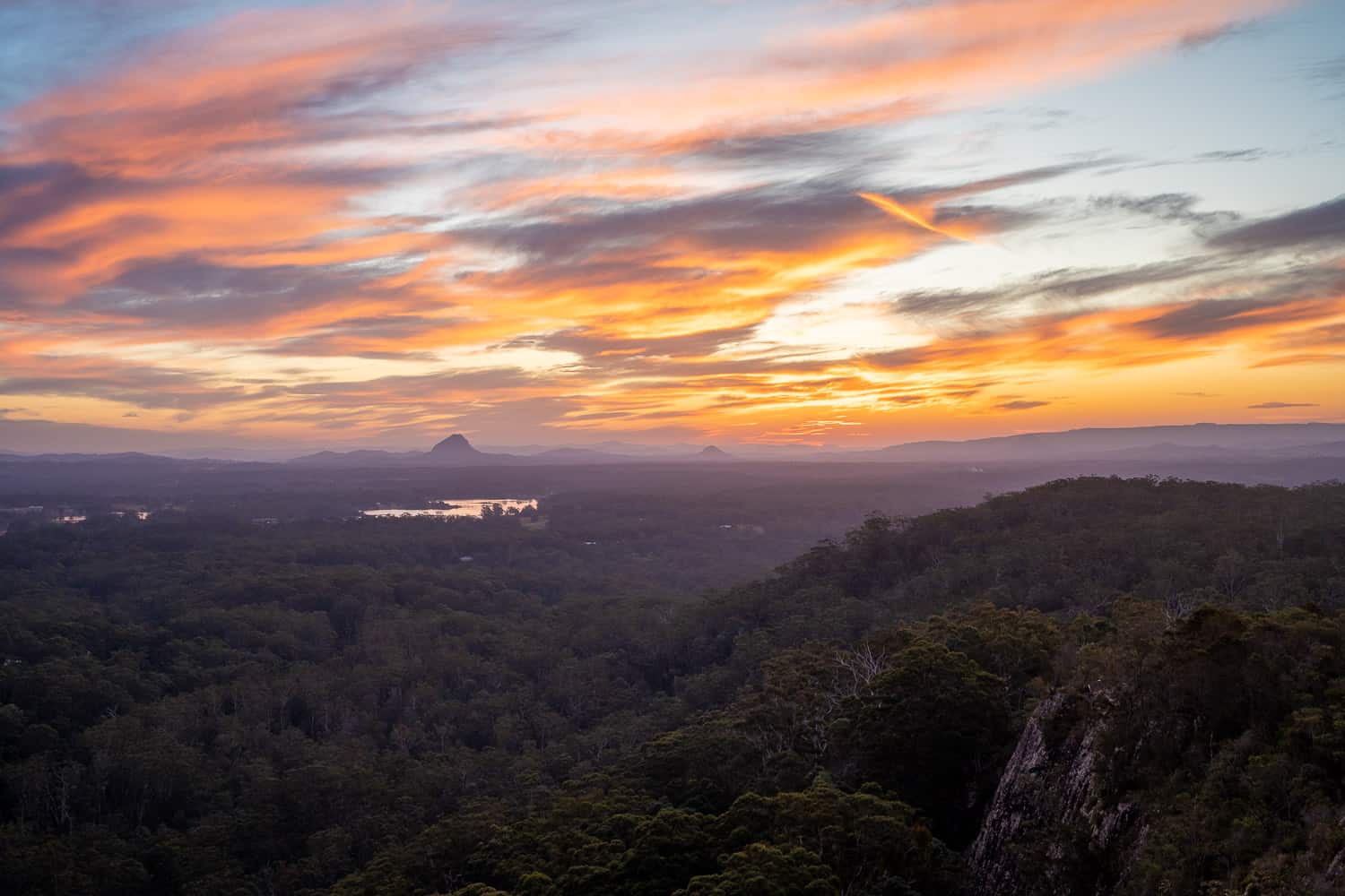 Elevated view of Noosa from Mt Tinbeerwah Lookout at sunset, Queensland, Australia
