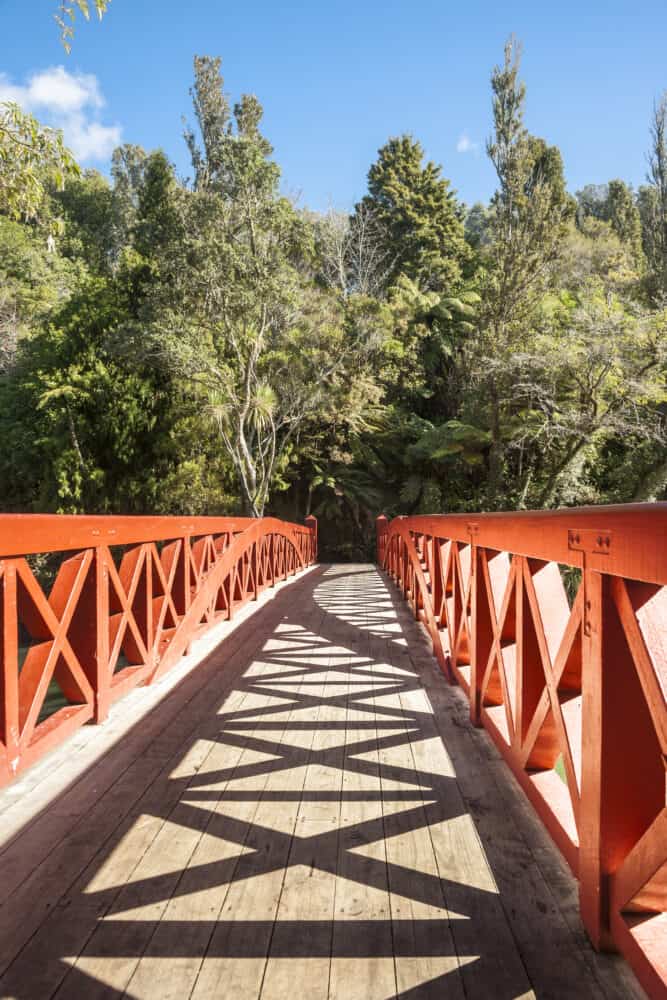 Red bridge in Pukekura Park, New Plymouth, New Zealand