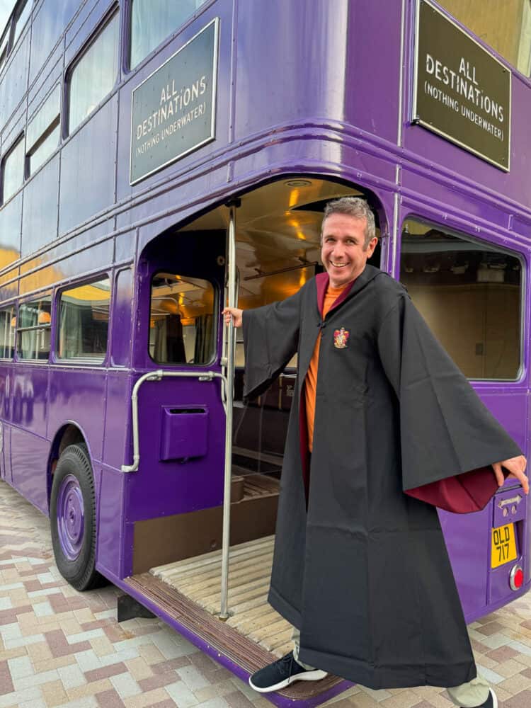 Simon riding the Knight Bus at the Harry Potter Studio Tour in Tokyo