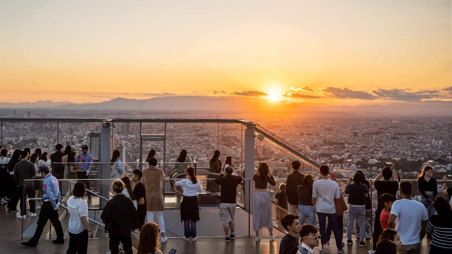 Shibuya Sky top floor at sunset with Mt Fuji view