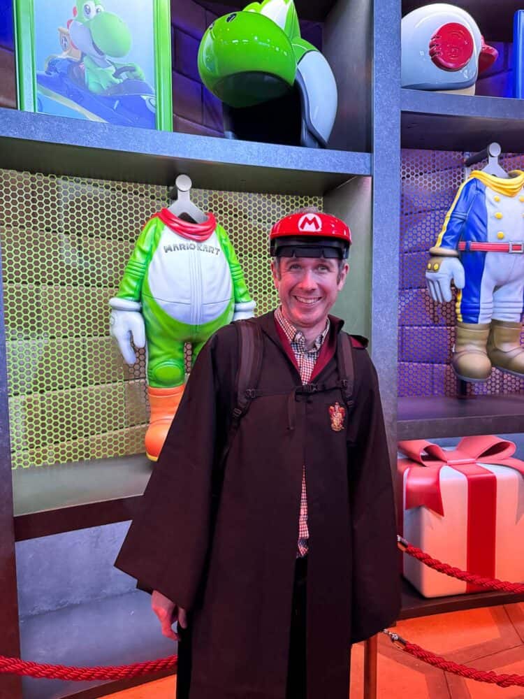 Simon wearing headset for Mario Kart ride at Universal Studios Japan