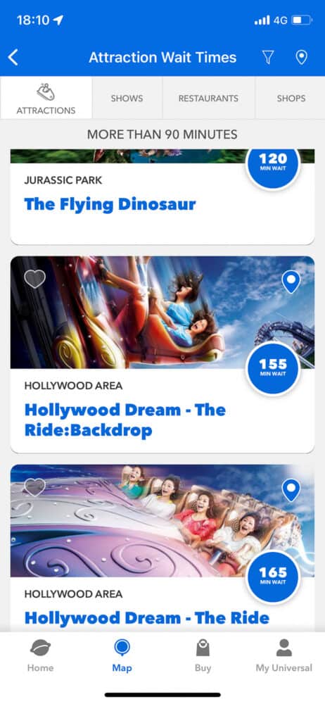 USJ ride wait times shown on the Universal Studios Japan app