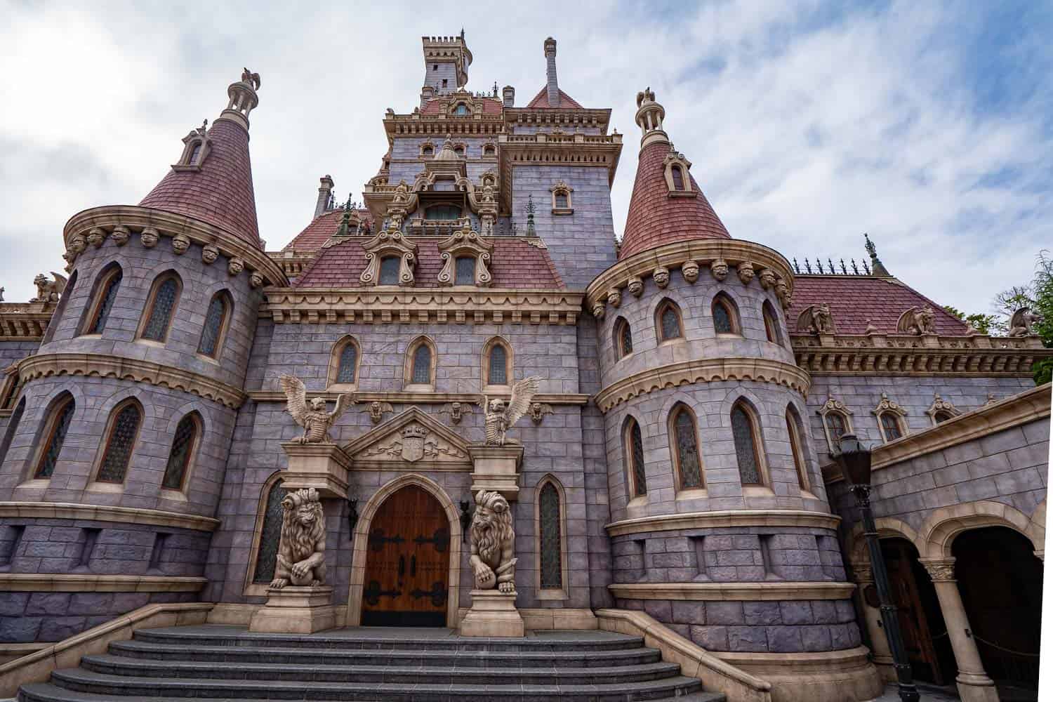 The outside of the castle of the Beauty and the Beast ride at Tokyo Disneyland