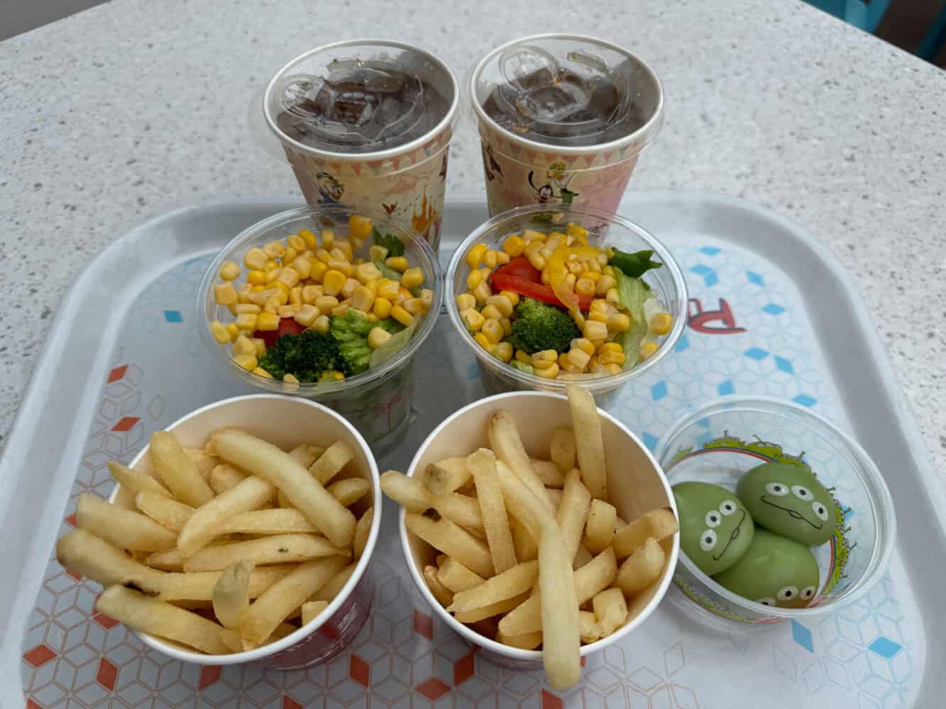 Fries, cup salad, and Little Green Men at Plazma Ray's Diner in Tokyo Disneyland