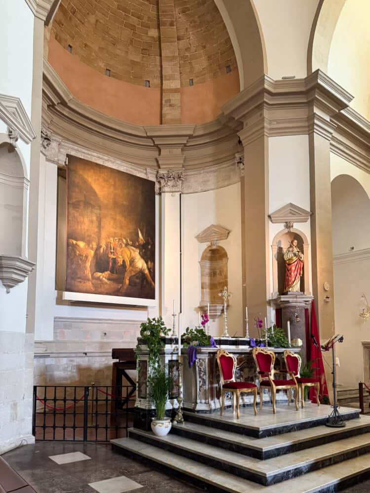 The Burial of Santa Lucia by Caravaggio displayed at Santuario di Santa Lucia al Sepolcro, Syracuse, Sicily