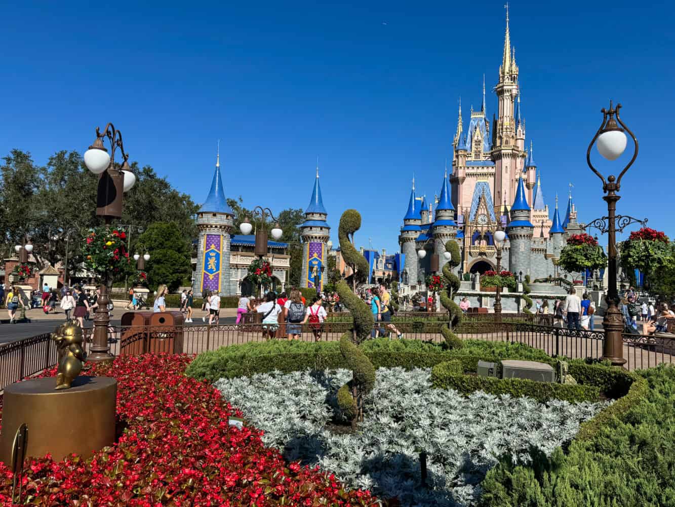 The Magic Kingdom Cinderella Castle with gardens in front at Disney World Orlando