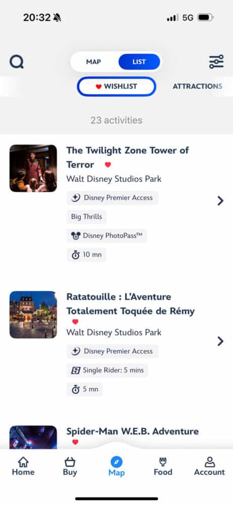 Ride wait times on the Disneyland Paris app.