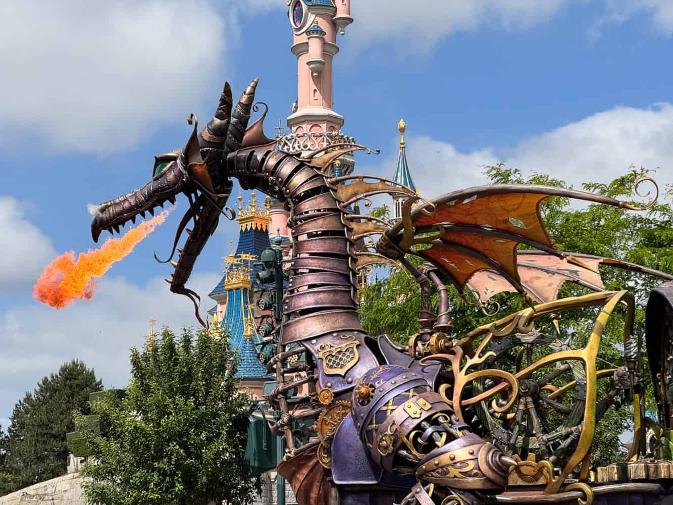 The fire breathing dragon in the Disney Stars on Parade at Disneyland Paris