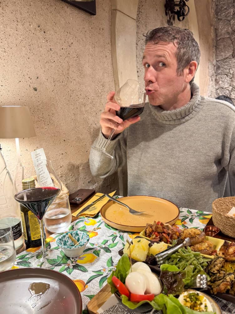Simon enjoying lunch at La Bottega del Formaggio in Taormina, East Sicily, Italy