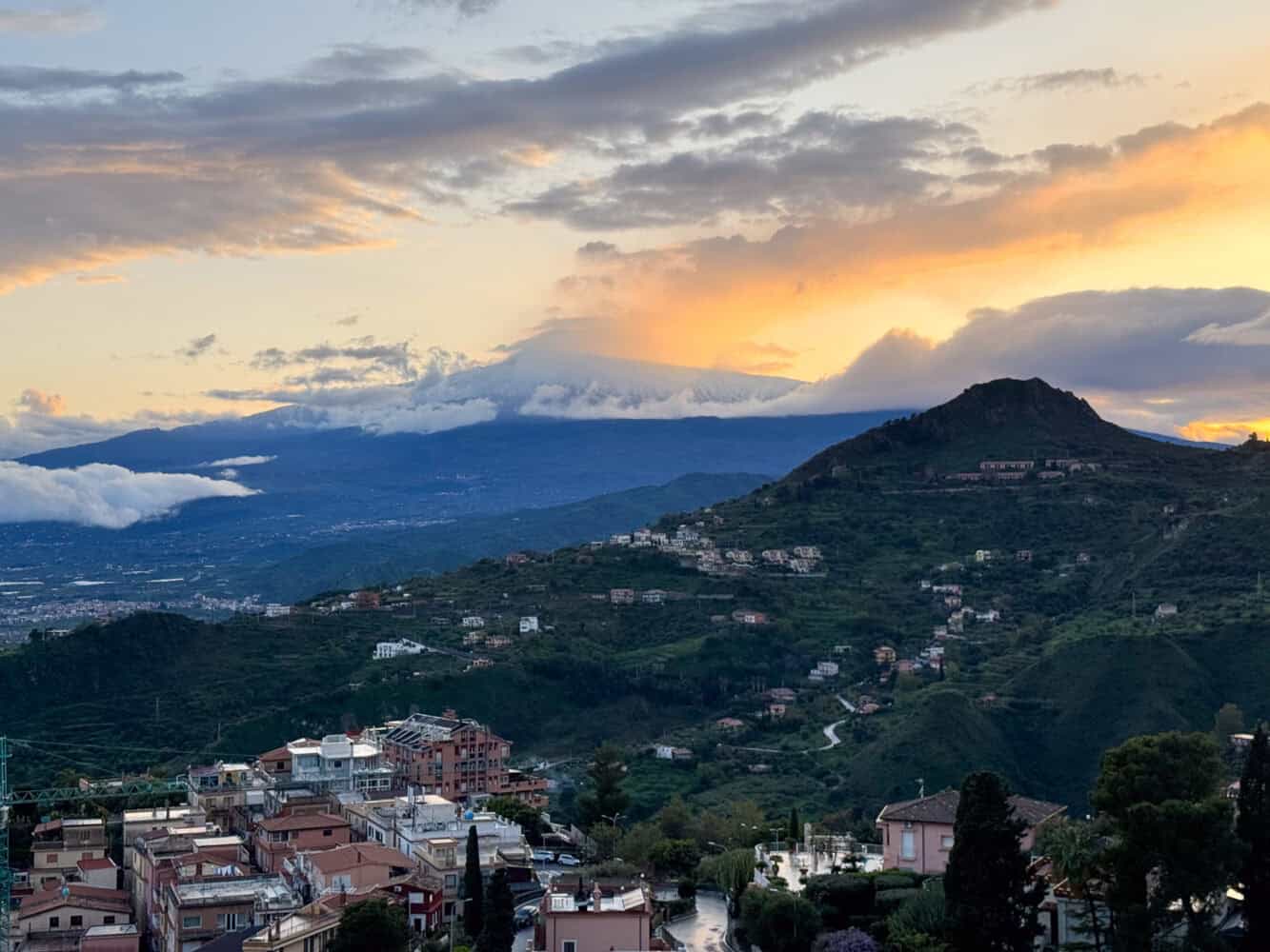 Balcony view of Mount Etna from Villa Sara B&B, East Sicily, Italy