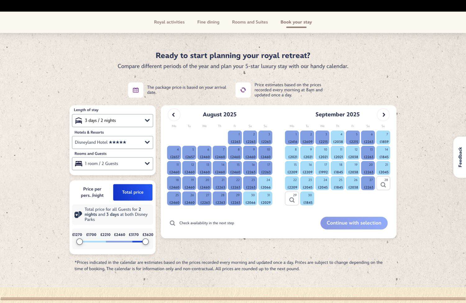 Screenshot of Disneyland Hotel Paris price calendar
