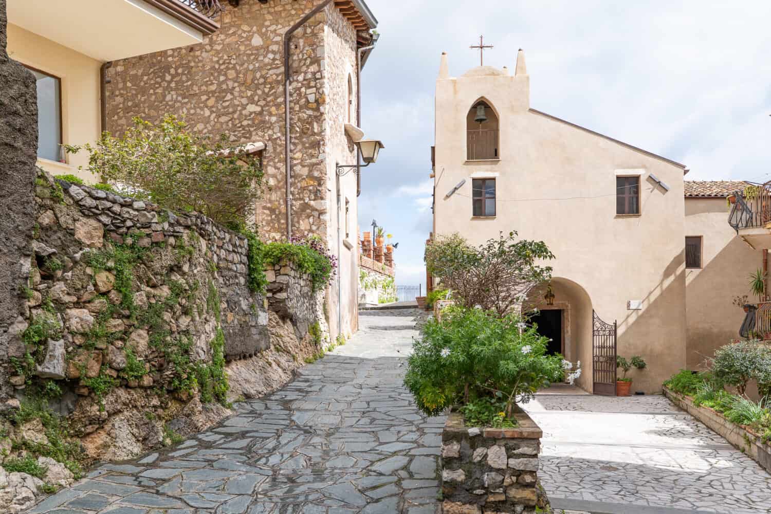 The narrow streets of Castelmola village near Taormina, Italy.