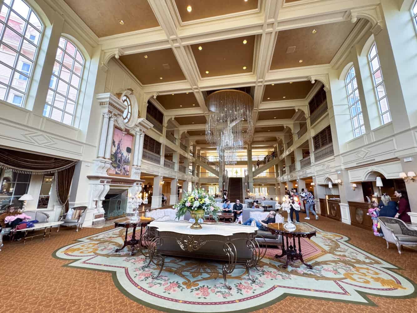 The extravagant lobby inside the Disneyland Hotel Paris