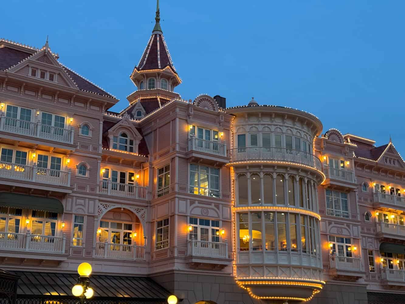 Exterior of Disneyland Hotel Paris at night