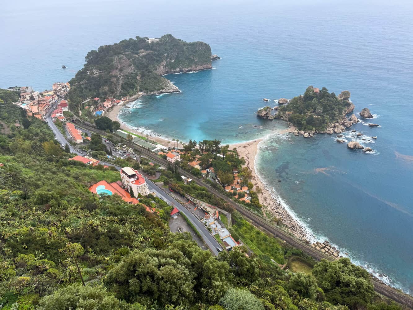 The view of Isola Bella from above from Belvedere di Via Pirandello in Taormina.