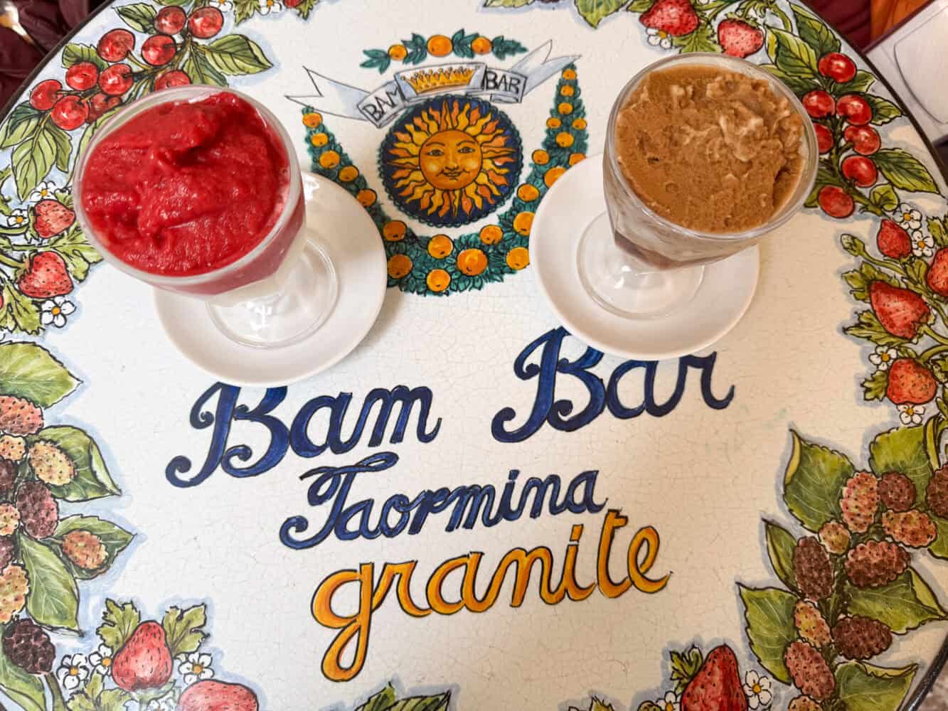 Granita on a colourful table at Bam Bar in Taormina, Italy.