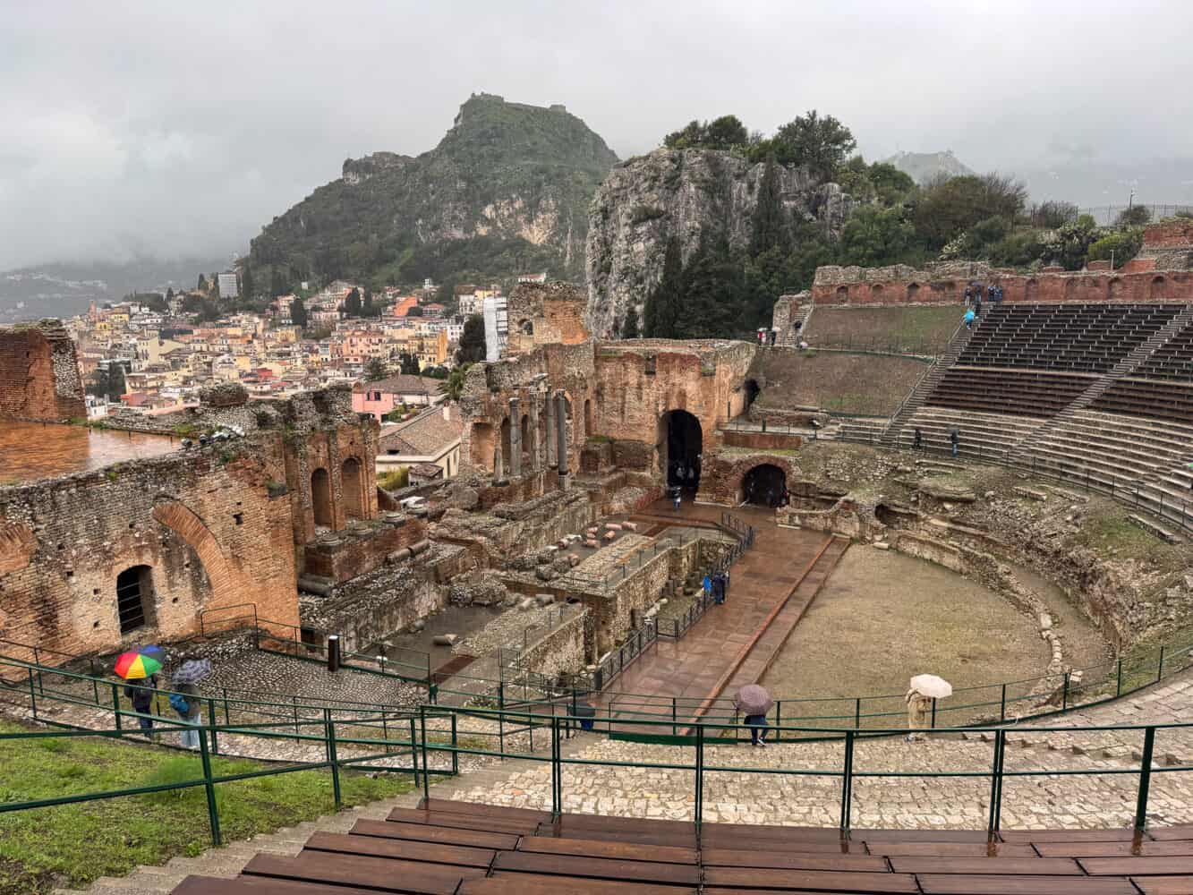 View of Taormina from the Teatro Antico di Taormina or Greek Theatre.