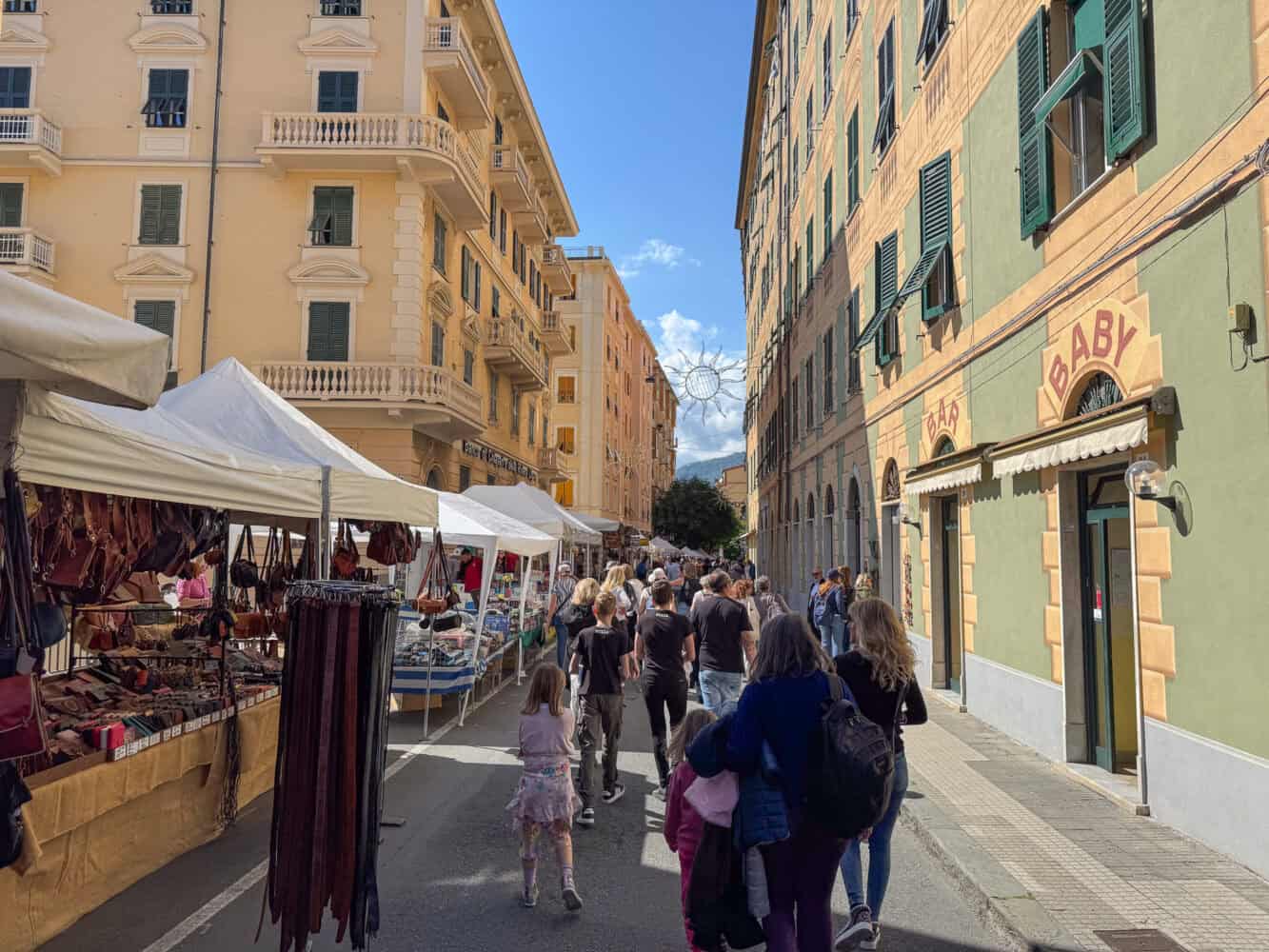 Market on Camogli's main street as part of the Camogli Fish Festival.