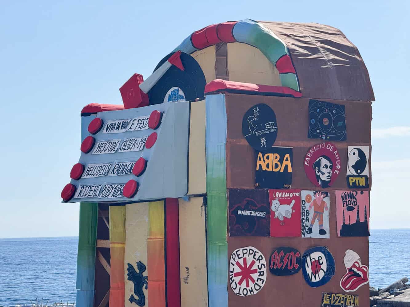 Jukebox bonfire (falo) on The falo (bonfires) on Camogli beach during the Camogli Fish Festival.