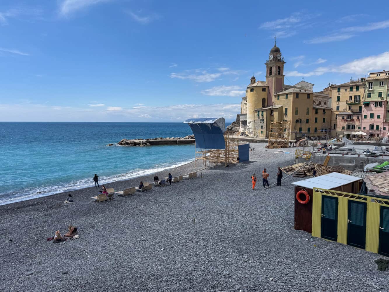 Porto and Pinetto quartieri falo (bonfires) being built for the Camogli Fish Festival in Liguria, Italy.