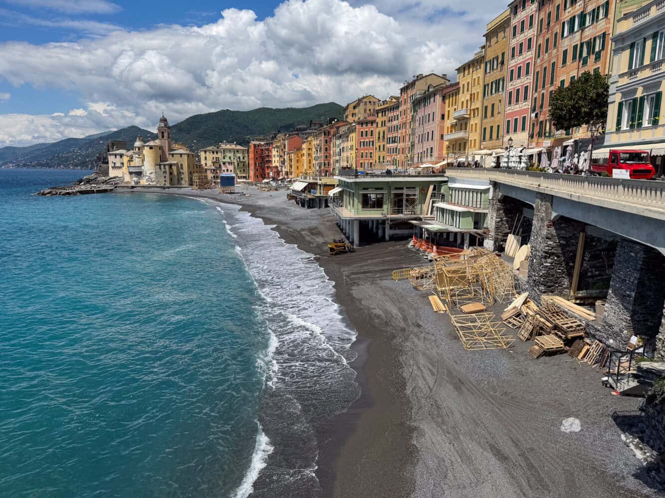 Camogli beach with the falo (bonfires) being built for the Camogli Fish Festival.