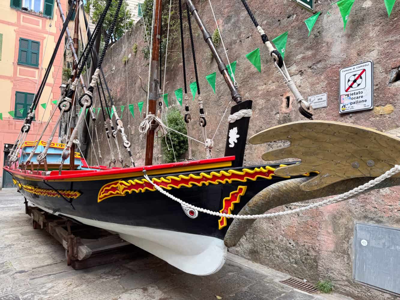 The colourful Dragun boat in Camogli, Italy.