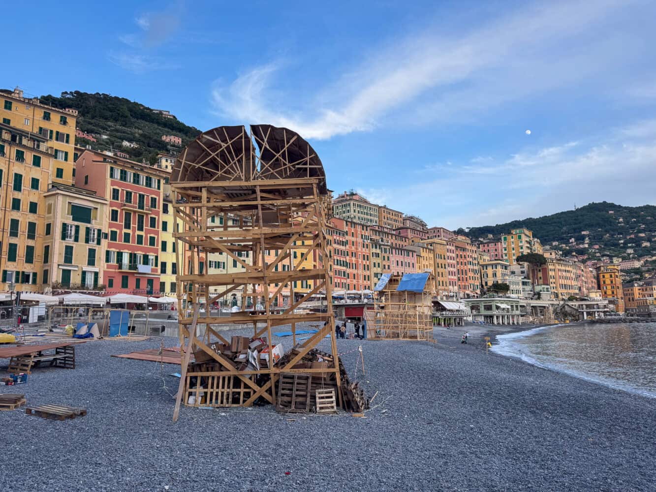 Falo / bonfire on Camogli Beach for the Sagra del Pesce.