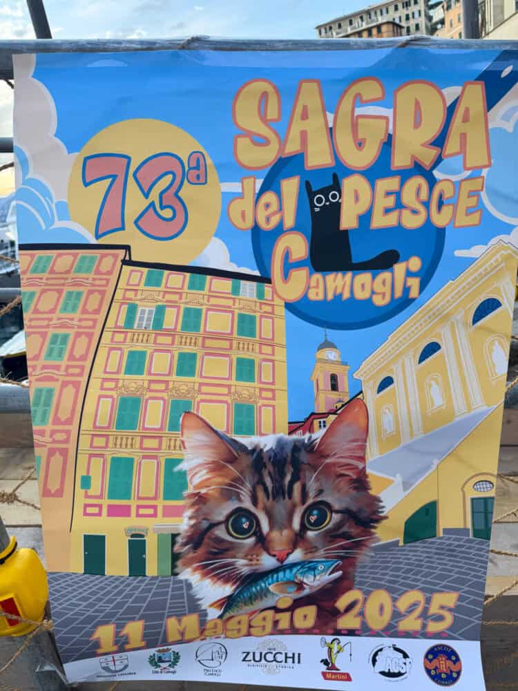 Sagra del Pesce Camogli poster in 2025 featuring a cat with a fish.