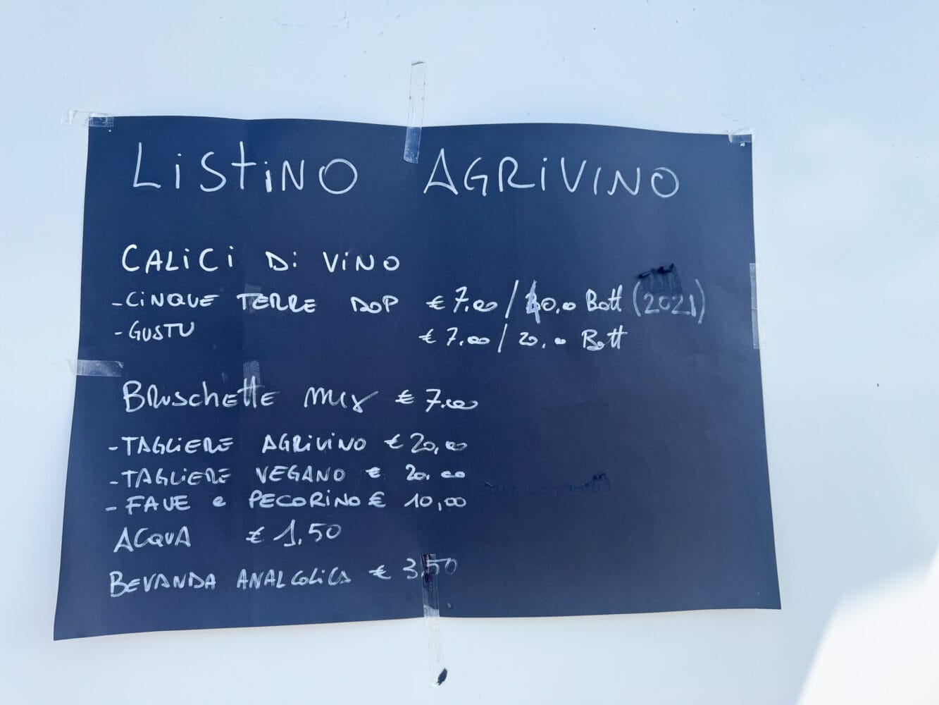 Menu at Cantina Capellini Agrivino outside Volastra on the Corniglia to Manarola trail.