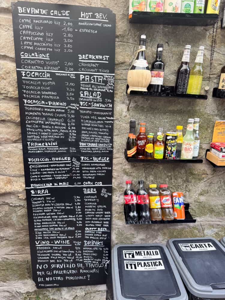 Menu at Chiosco del Sole in Volastra in the Cinque Terre, Italy