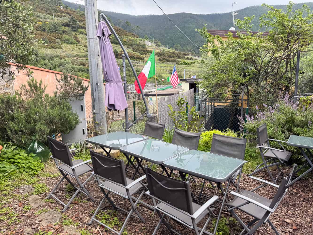 Garden seating at Chiosco del Sole in Volastra in the Cinque Terre, Italy