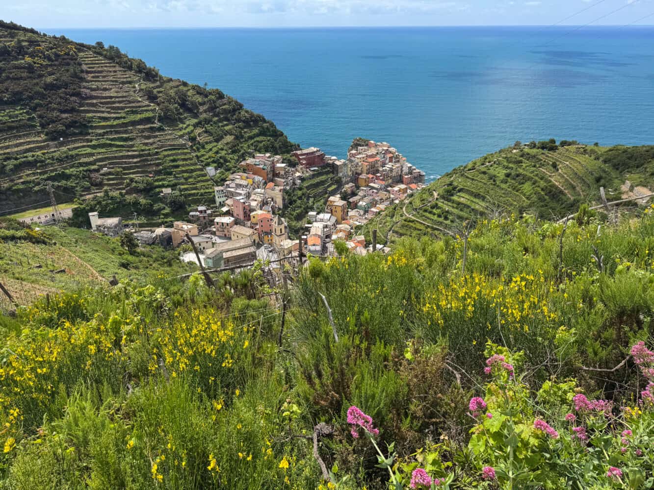 View of Manarola on the Corniglia to Manarola hike via Volastra in Cinque Terre, Liguria, Italy
