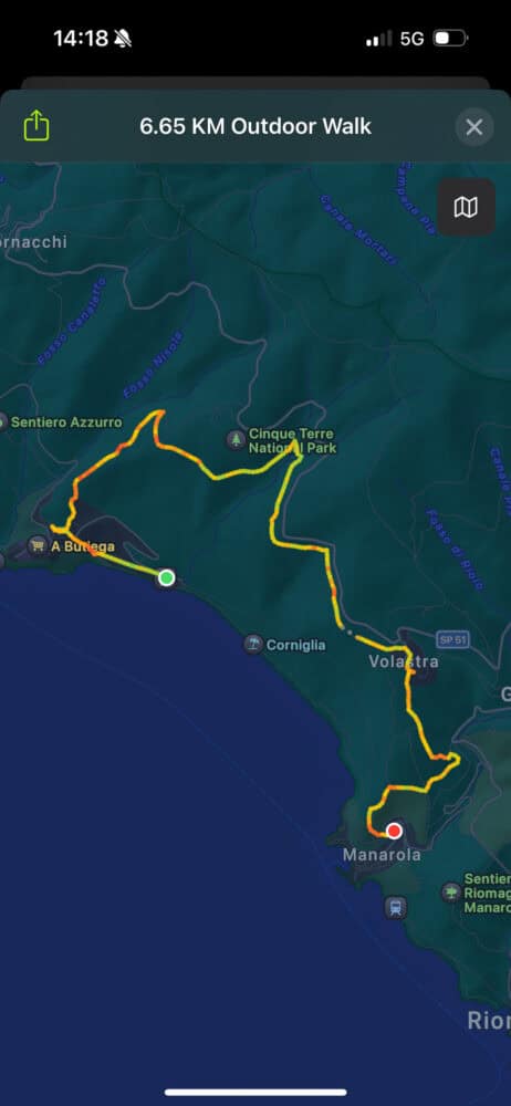 Hiking map of Corniglia to Manarola hike via Volastra in Cinque Terre, Liguria, Italy