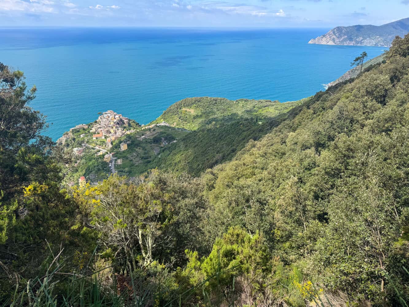 View of Corniglia from the Corniglia to Manarola hike via Volastra in Cinque Terre, Liguria, Italy