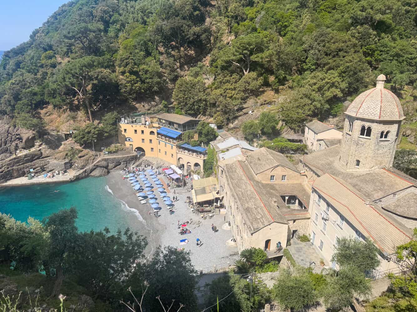 San Fruttuoso Abbey and beach from above from the trail from San Rocco and Camogli. 